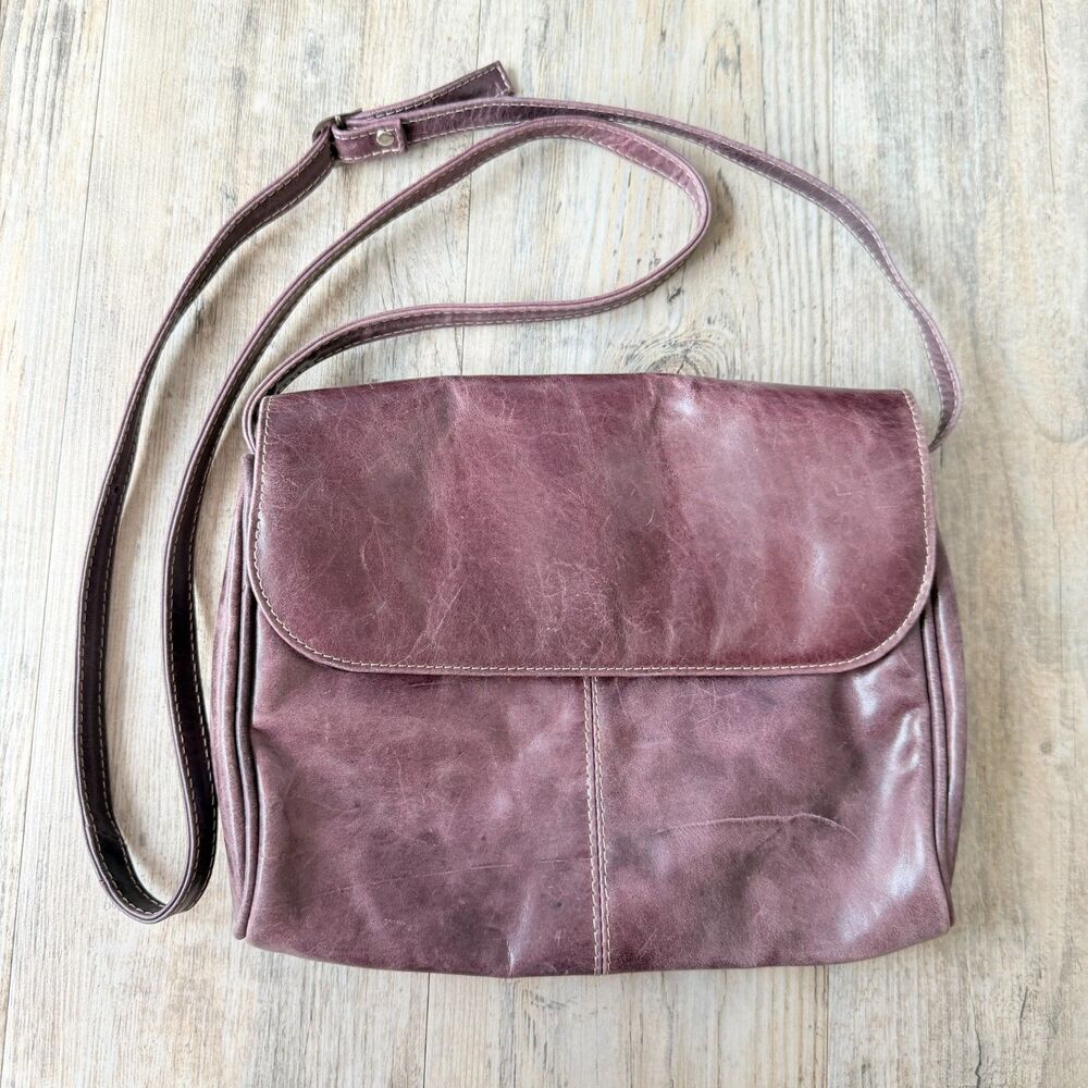 Vintage Mauve Leather Crossbody Bag Purple Flap Shoulder Purse Minimalist 90s